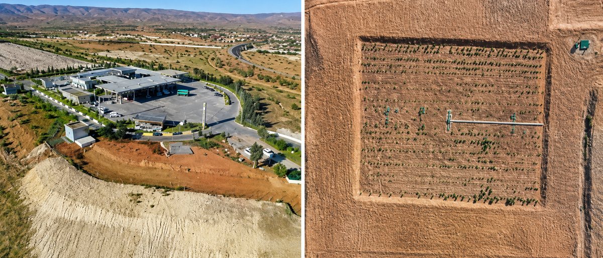 Two aerial frames: the plant compound and the planted treatment field built next to it