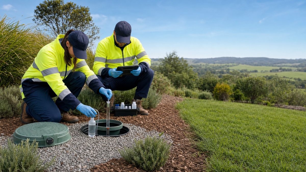 A field crew taking a sample and measuring through the maintenance hatch of a treatment system