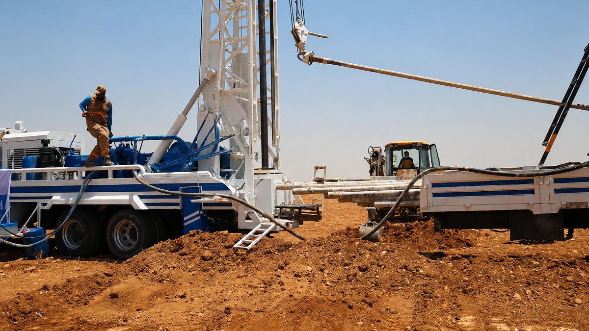 A water drilling rig, drill truck and field crew working on arid ground