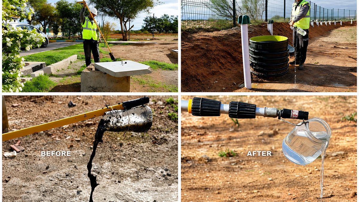 A four-frame field set: sampling, pipe installation, wastewater before treatment and clear water after it