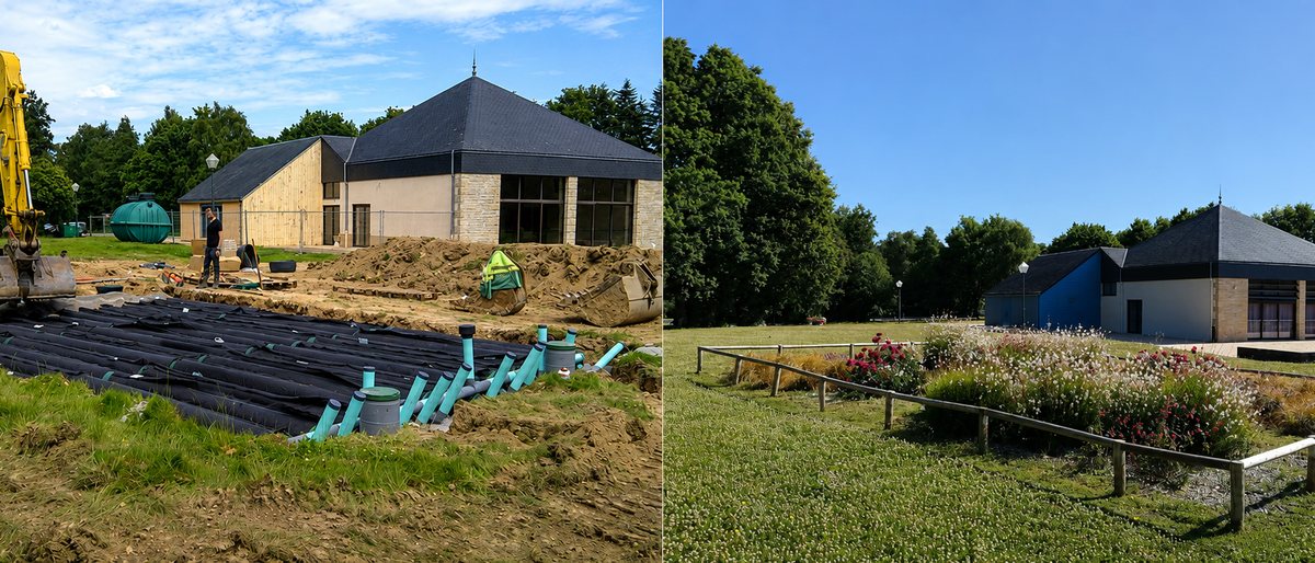 A System O)) treatment line in a building's grounds during installation and once the planting had been completed
